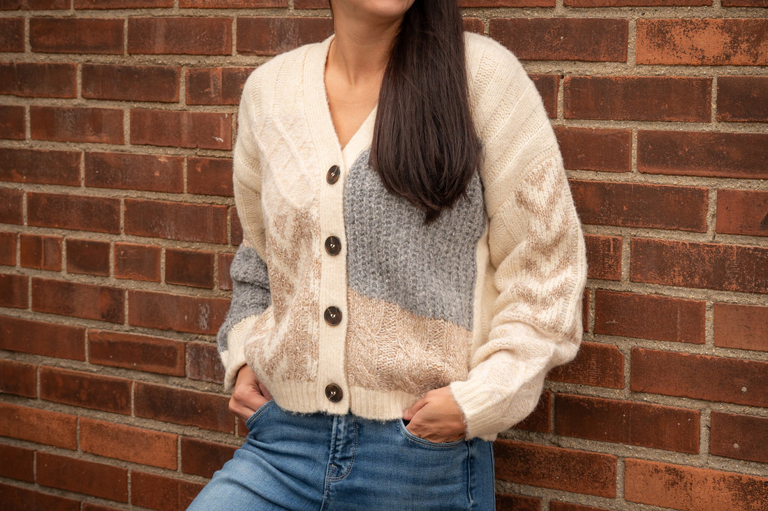 Women wearing a button-down cardigan