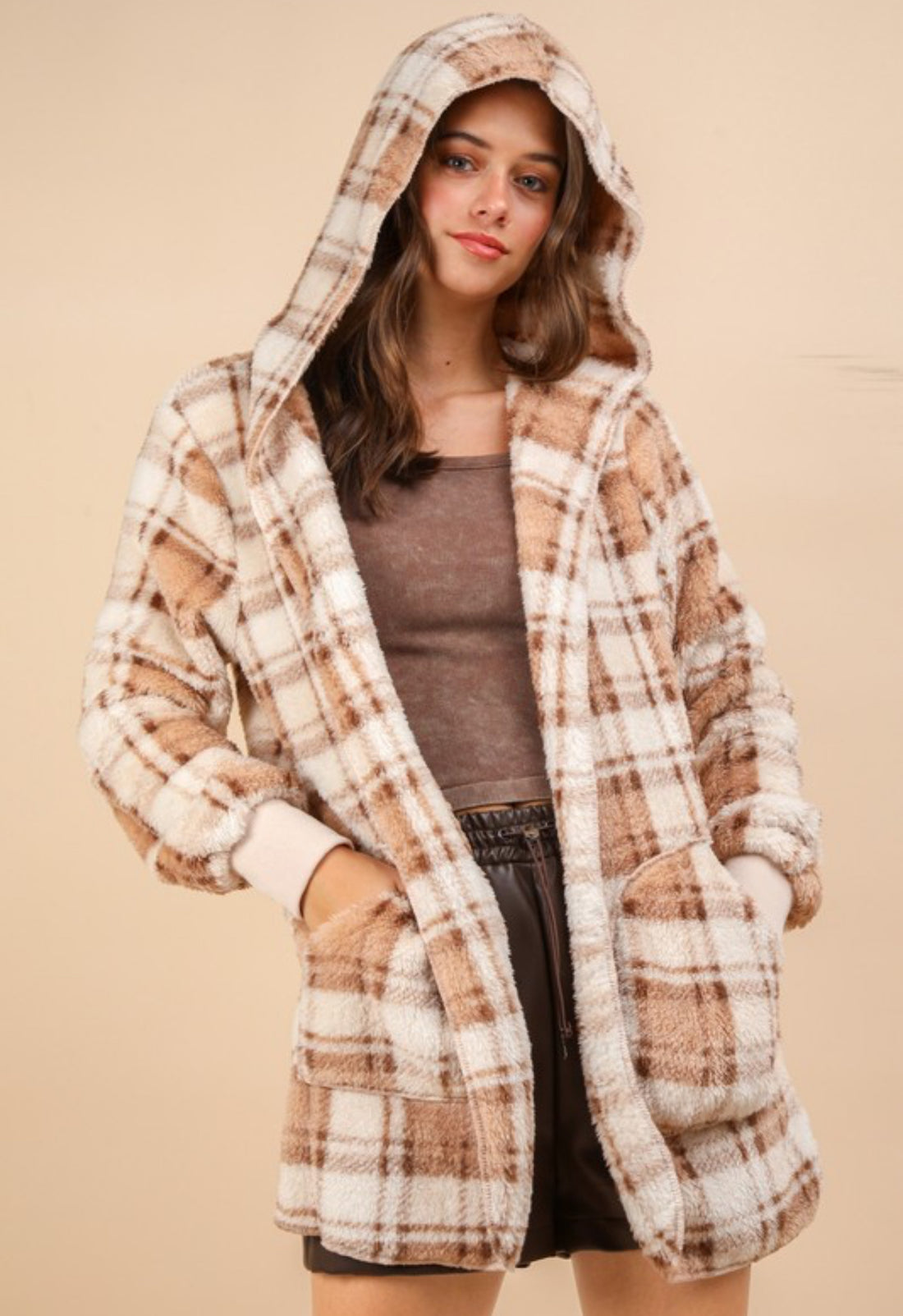 The Claire Cream Plaid Sherpa Jacket