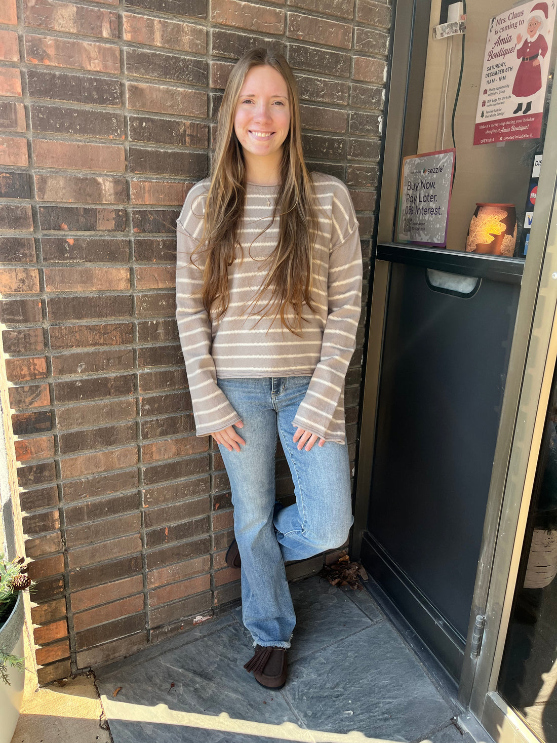 Striped cream and tan grayish sweater