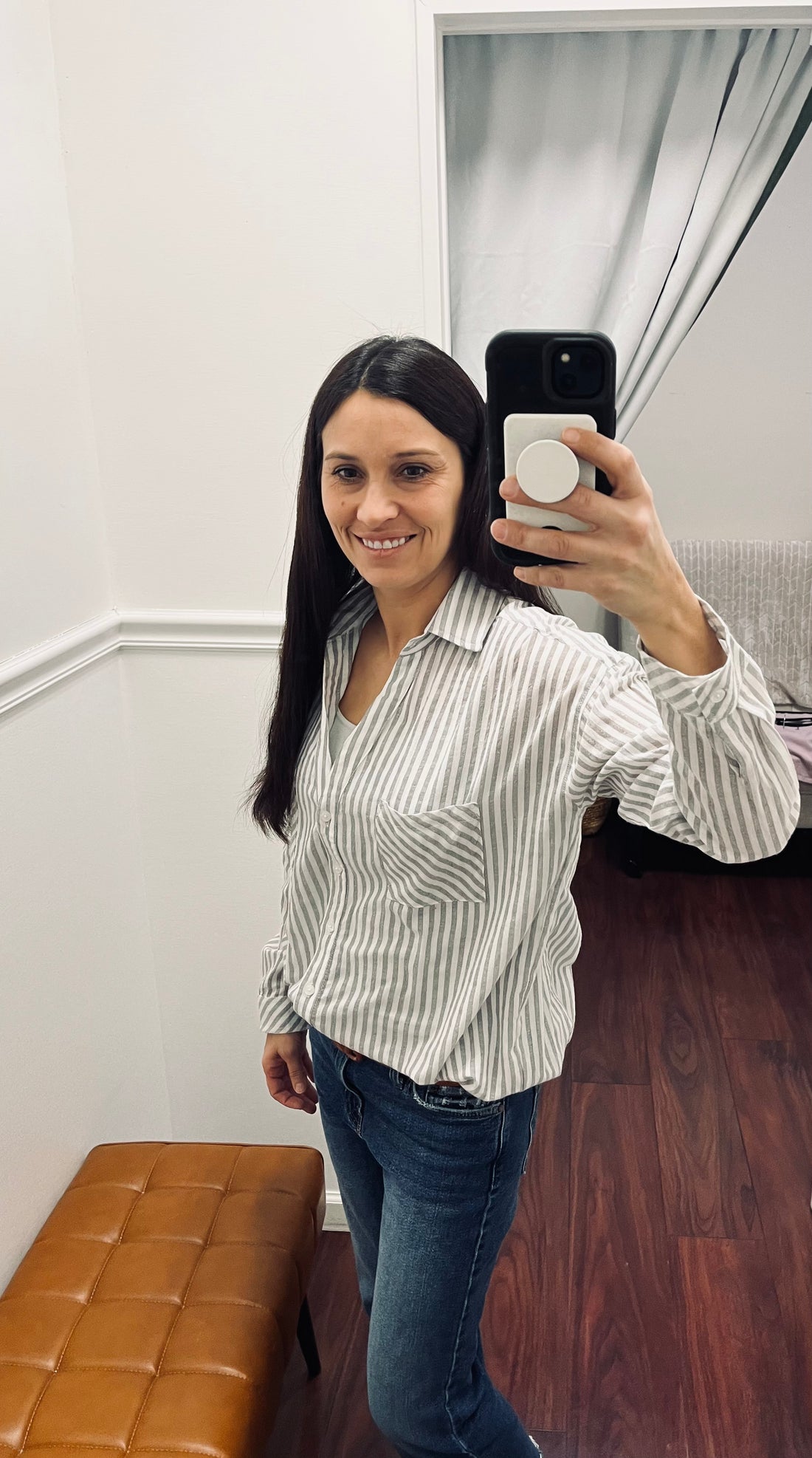 Grey and white classic striped button down 