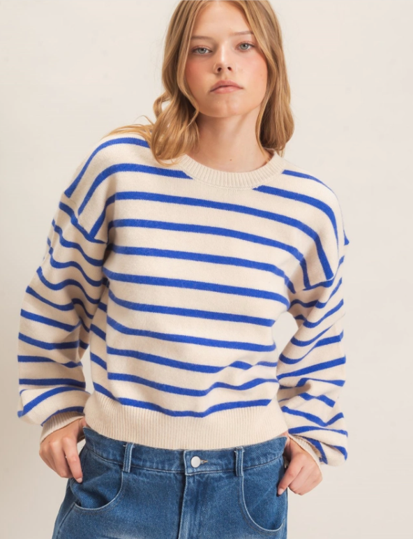 Cozy Stripe Sweater in white and Cobalt blue