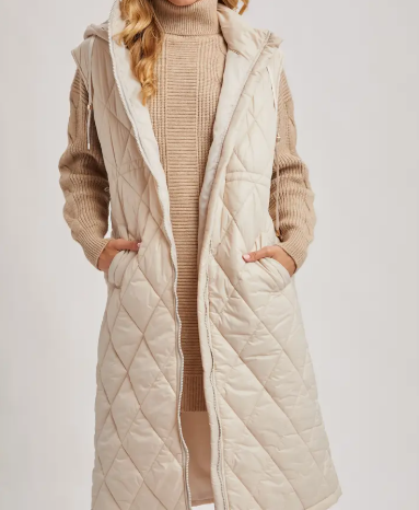 Cream long quit diamond puffer vest with hood