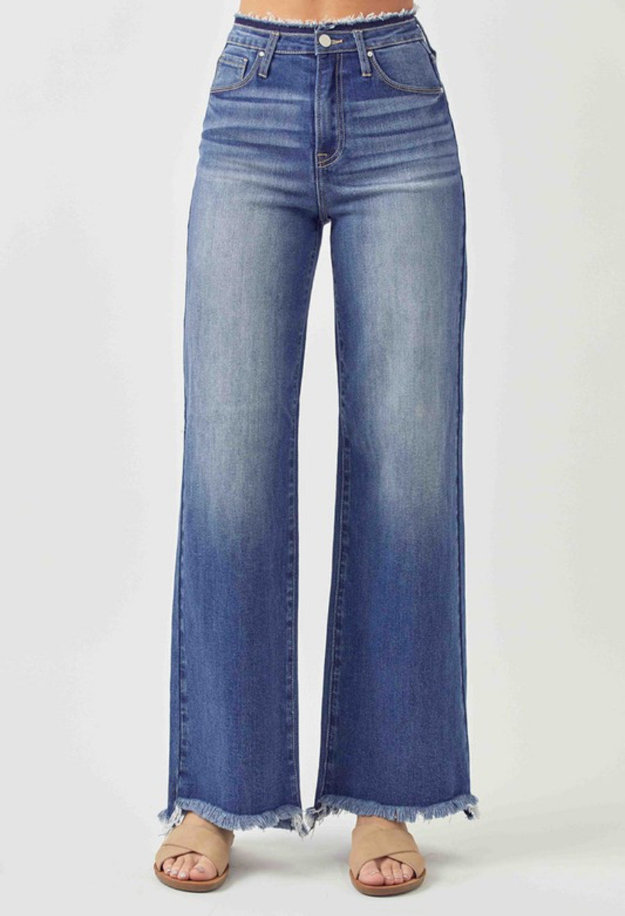 Risen HW Wide Leg Frayed Hem Jeans