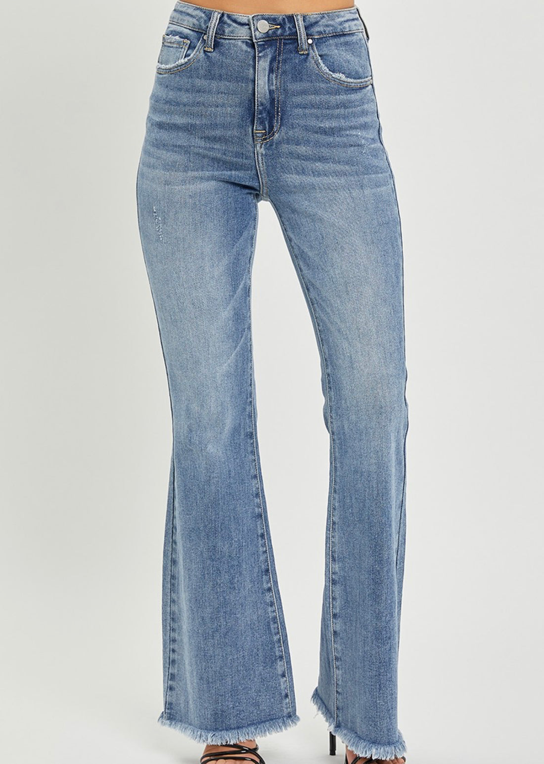 Risen High Rise Vintage Frayed Hem Flare Jeans