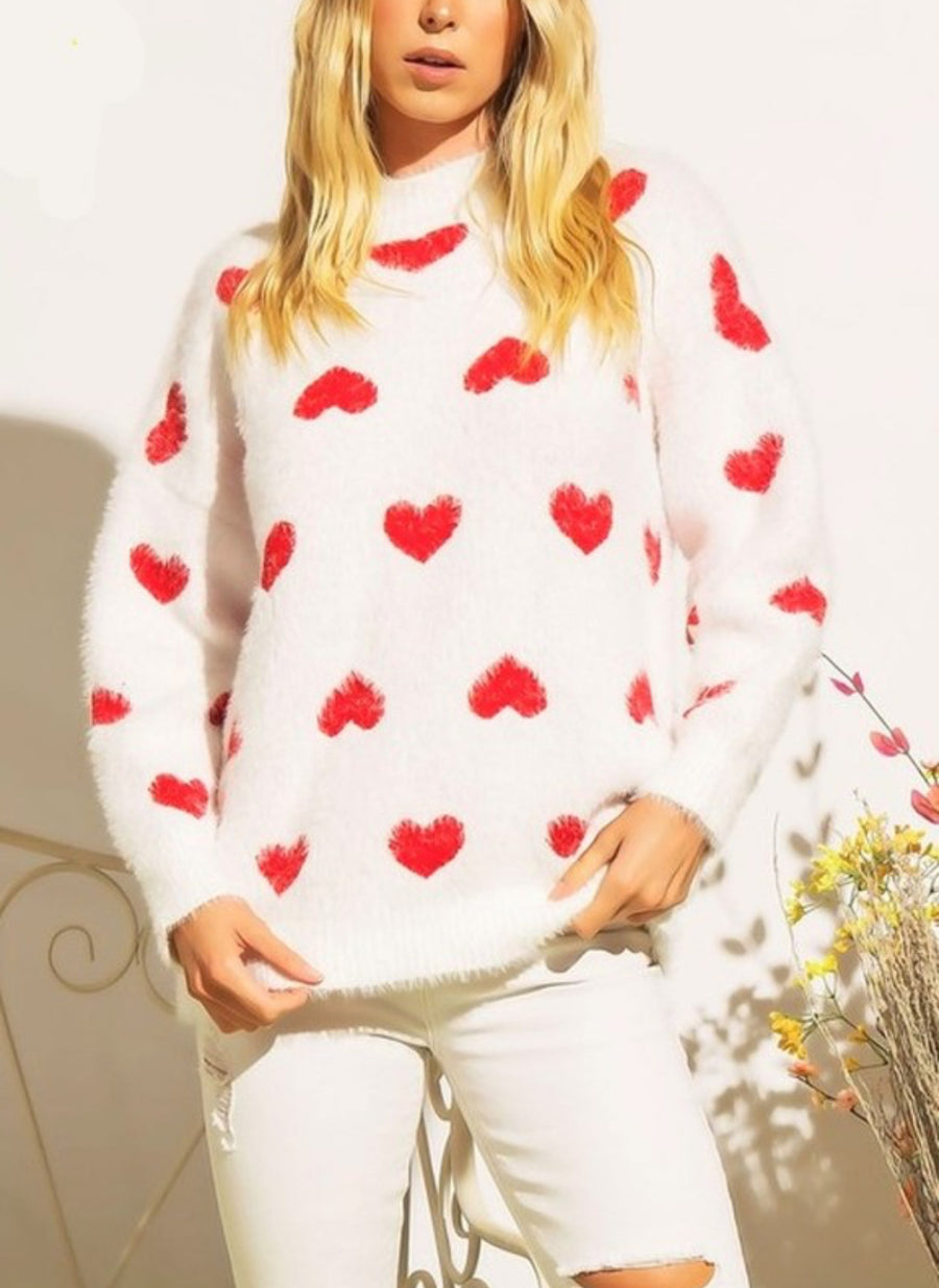 The Malley Fuzzy Red Heart Sweater