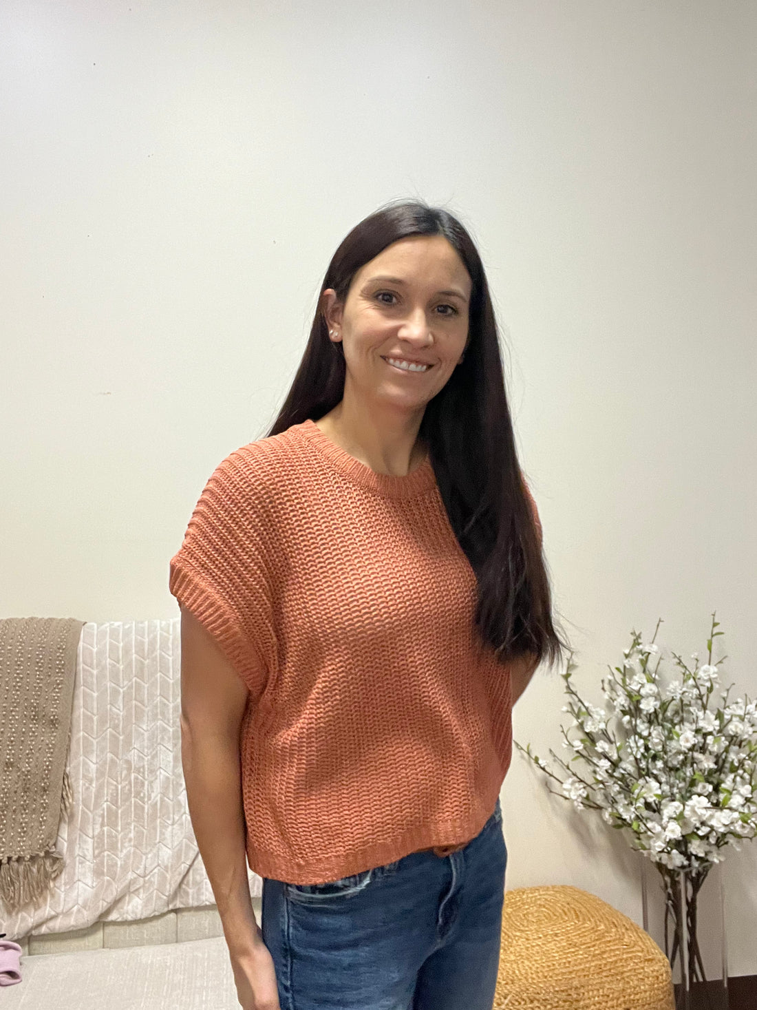 Dolman shirt sleeve knitted top in coral 