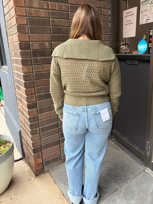 Olive Pointelle Sweater Jacket