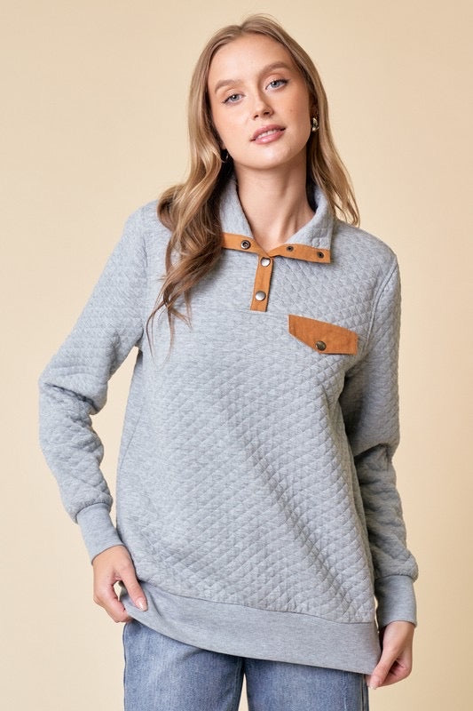 The Quinn Heather Grey Quilted Pullover