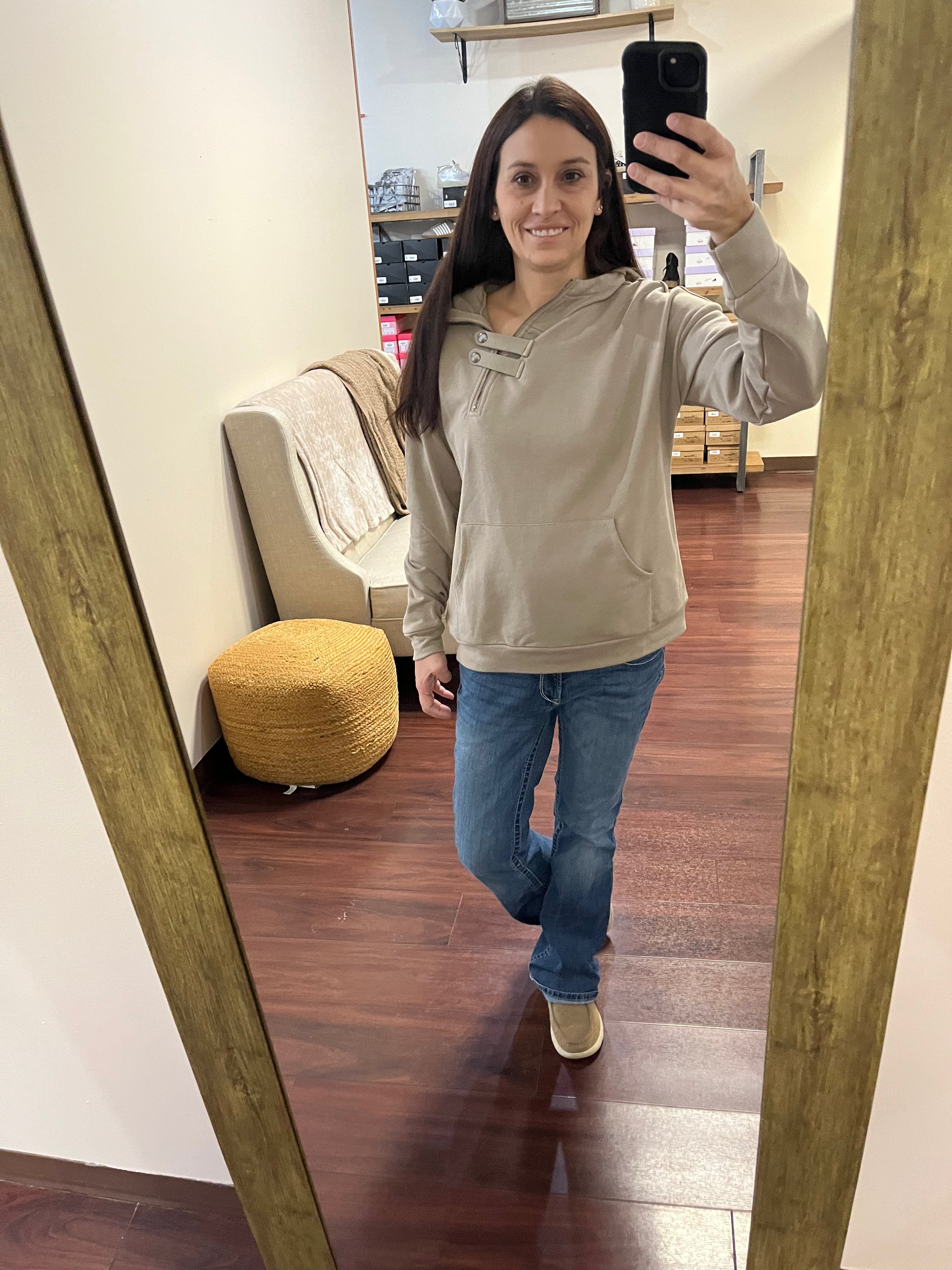 Everyday zip up hooded top In a grayish brown color 