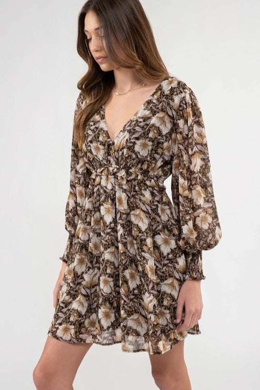 The Lana Floral Long Sleeve V Neck Mini