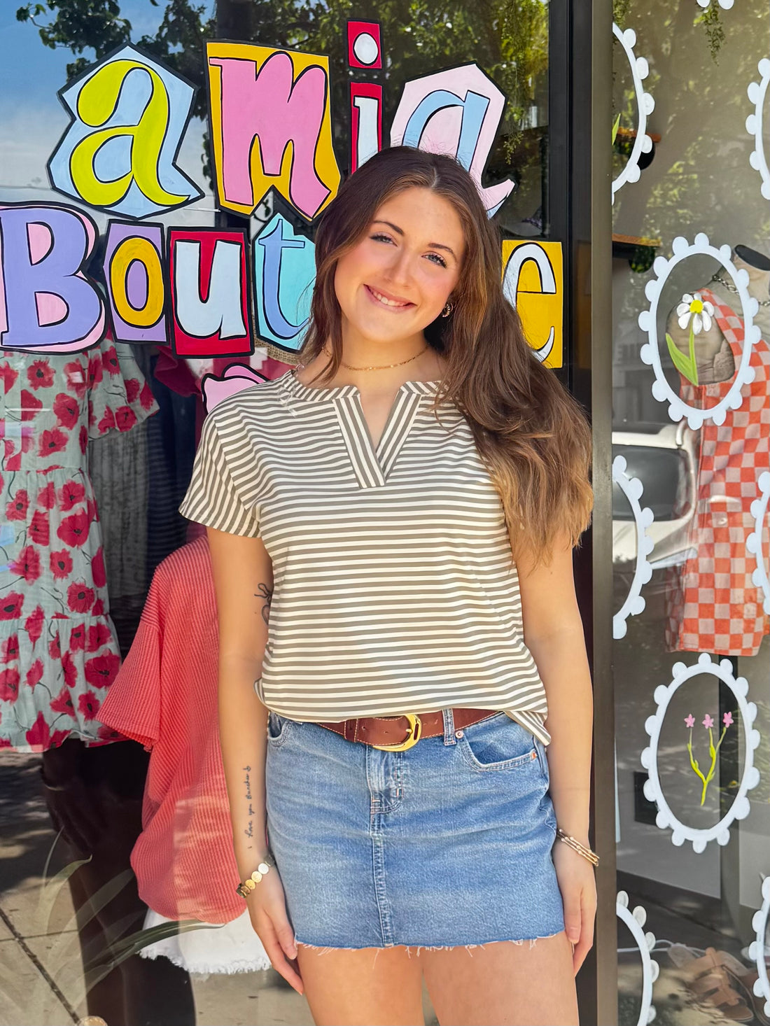 The Macy Olive Stripe Top