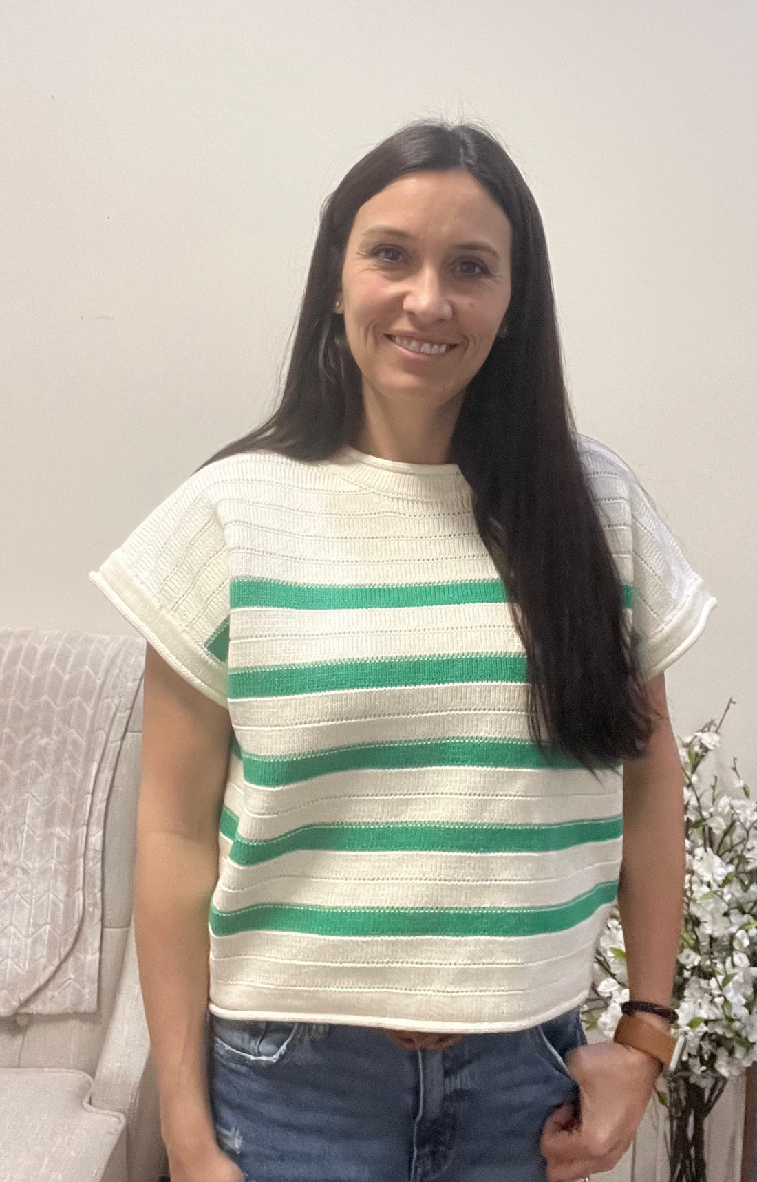 Striped Short Sleeve Knit Sweater Top