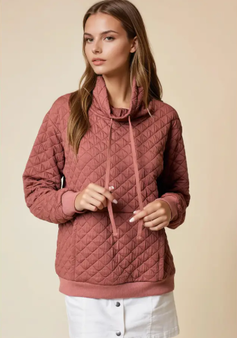 Almond colored quilt funnel neck pullover