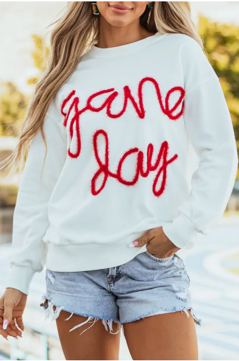 Womens Game Day Crewneck with red fuzzy lettering and white top