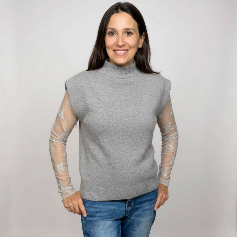 Grey sweater vest with mock neck. good for layering with lace top