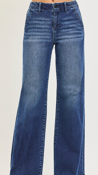 Risen High Rise Wide Leg Slanted pocket dark wash