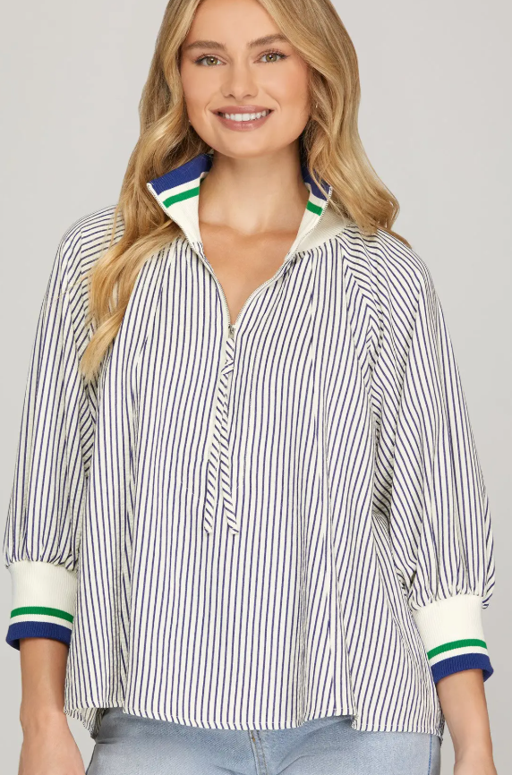 Half Zip Striped 3/4 Sleeve in Navy