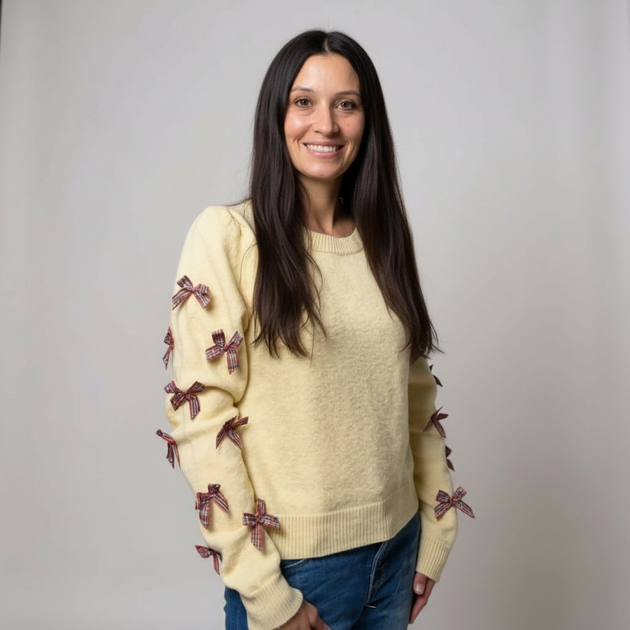 Holiday plaid bow sweater for women 