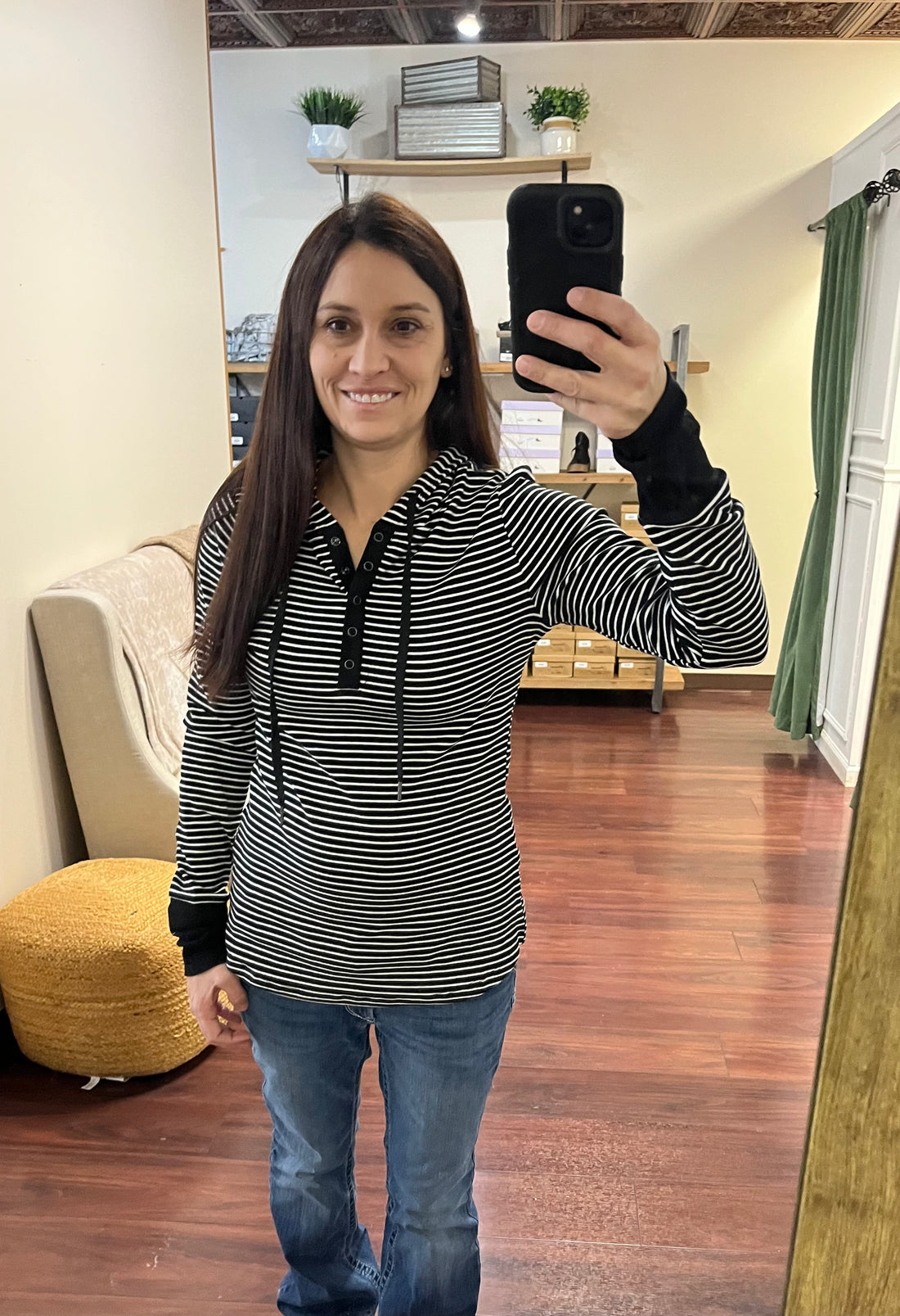 Black and white striped soft hooded Henley long sleeve 