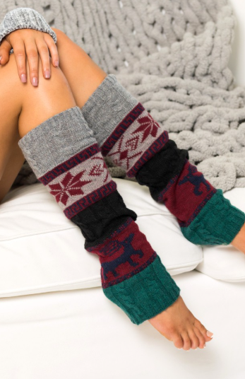 Hunter Green, Maroon, and grey Reindeer leg warmers for boots and warmth. 