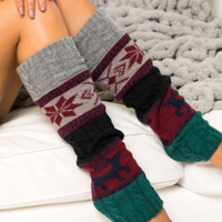 Hunter Green, Maroon, and grey Reindeer leg warmers for boots and warmth. 