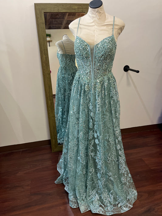 (9)Jovani Embroidered Sparkle Gown – Mint Green (Size 10)