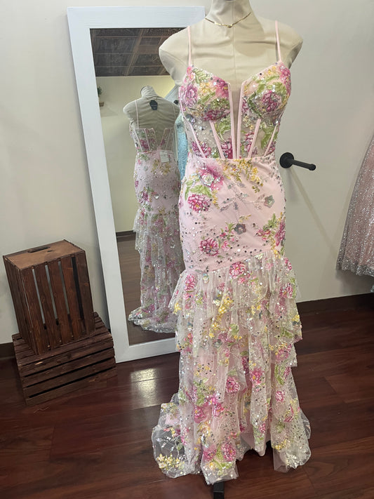 Jovani Pink Floral Corset Prom Dress – Size 2