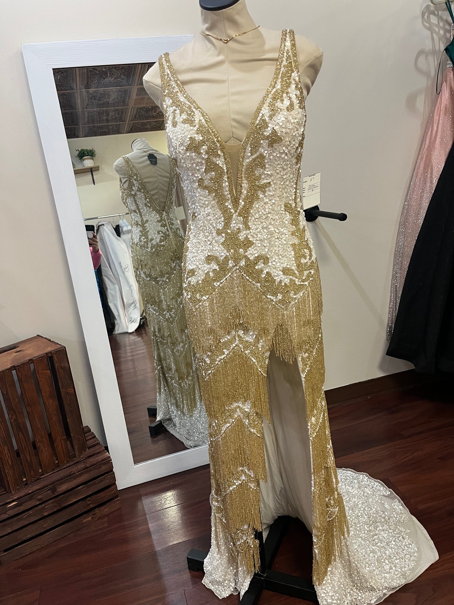 Jovani Gold & Ivory Sequin Fringe Gown – Size 8