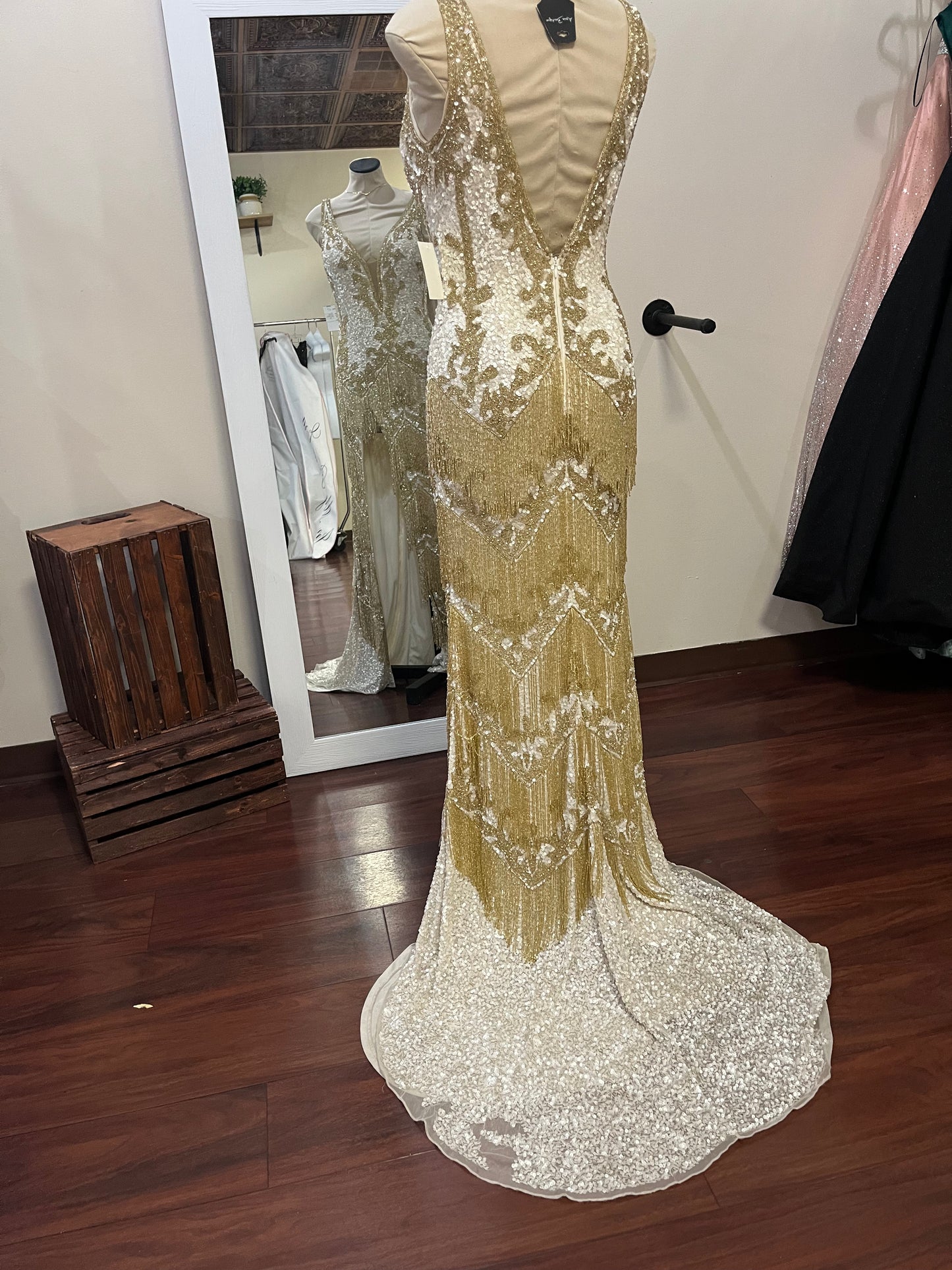 Jovani Gold & Ivory Sequin Fringe Gown – Size 8