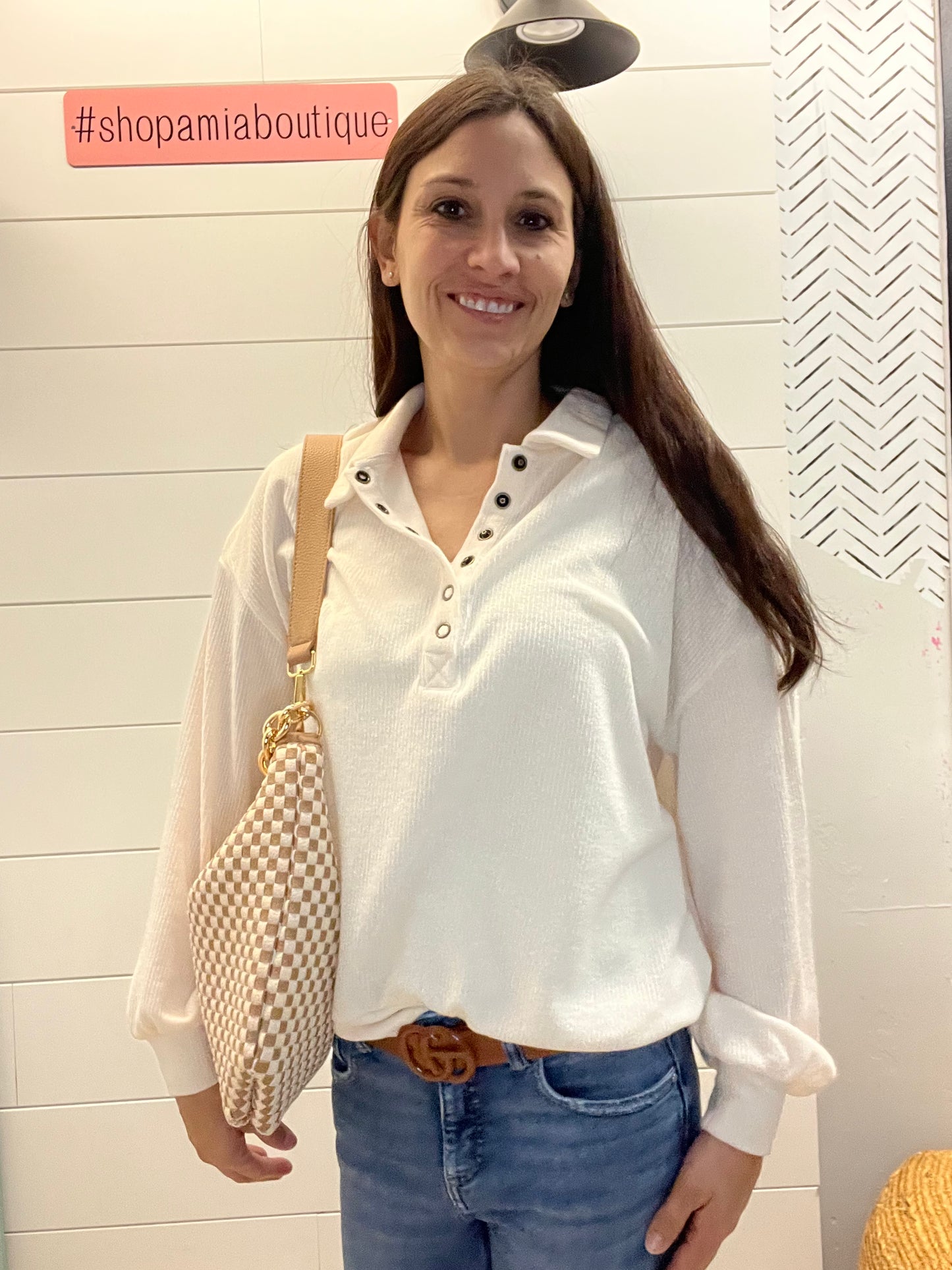 Collared Half Snap Button Long Sleeve Knit Top
