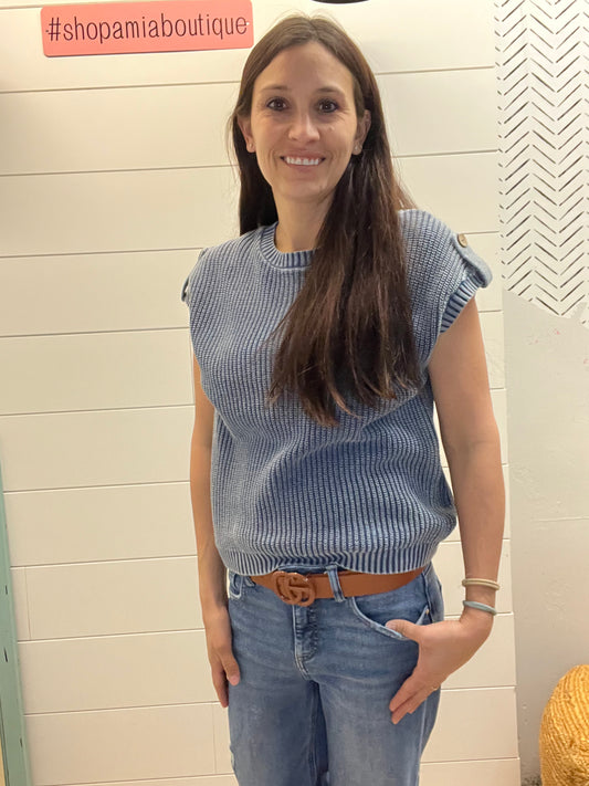 Tab Sleeve Back Button Knit Top