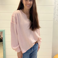 Raw Edge Ribbed Knit Split Neck Top