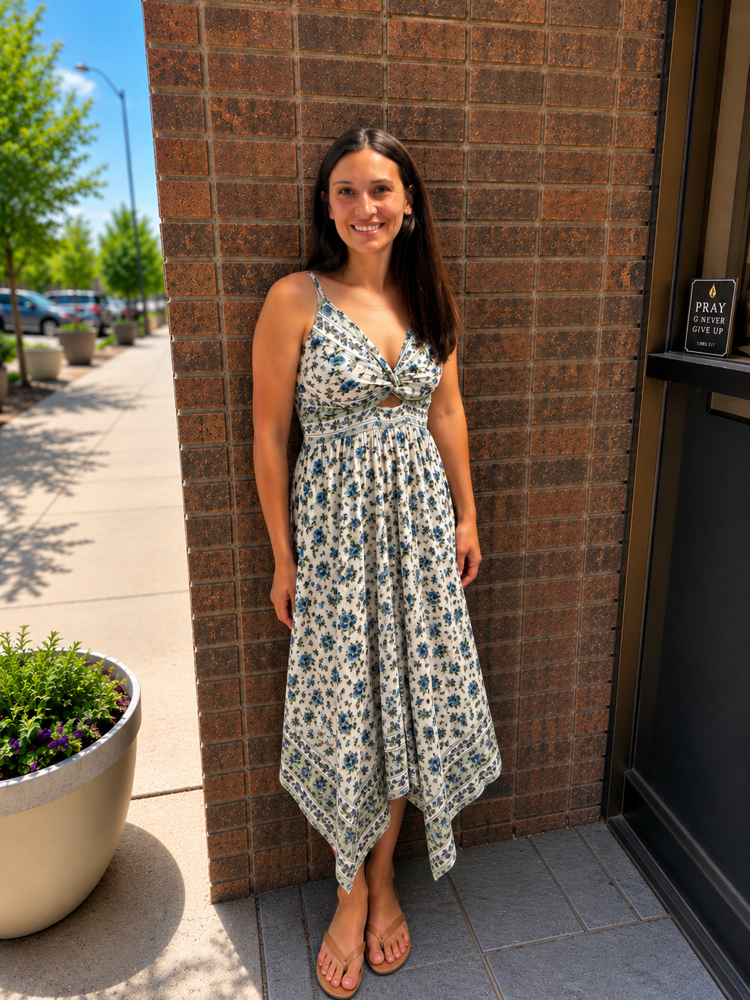 Blue Floral Twist Front Maxi Dress