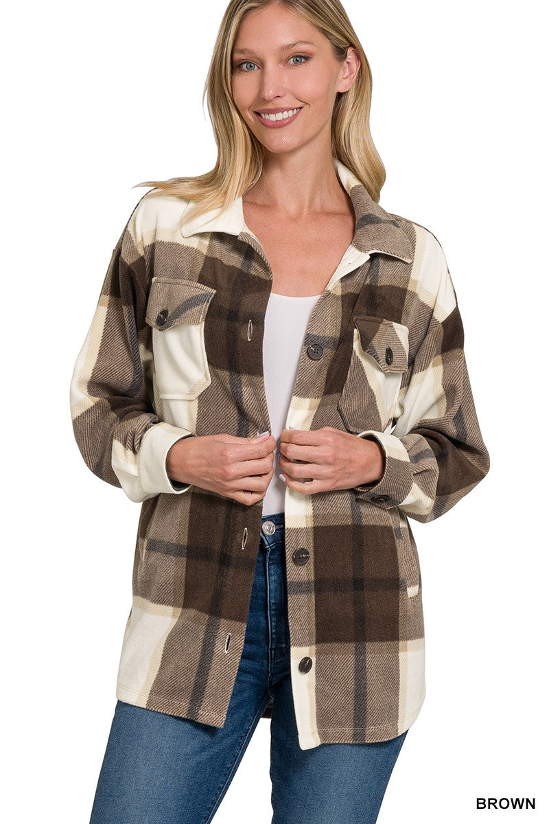 Brown Oversized Plaid Fleece Shacket