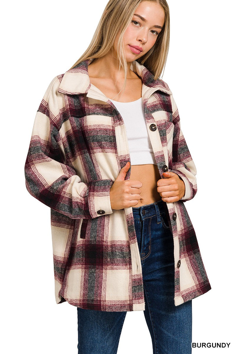 The Krista Oversized Yarn Dyed Plaid Shacket in Burgundy