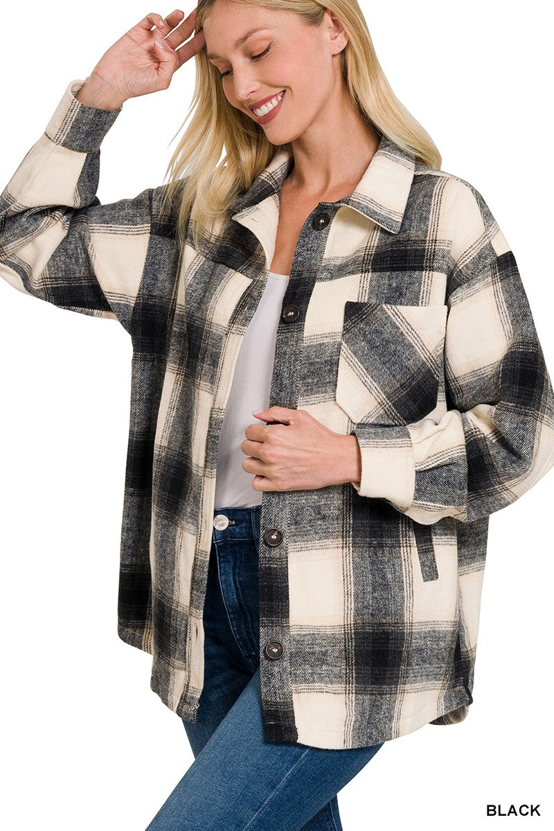 The Krista Oversized Yarn Dyed Plaid Shacket in Black