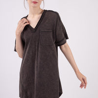The Mimi Mineral Wash TShirt Dress V Neck with Pockets Black