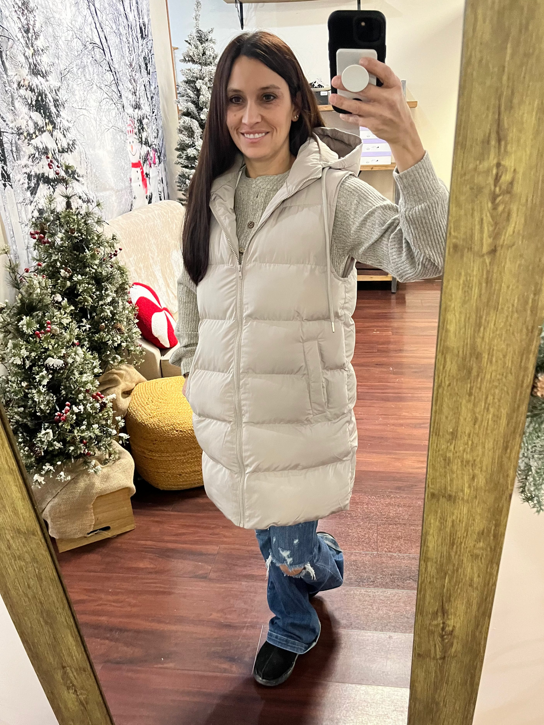 Cream colored zip up pufffer longline vest 