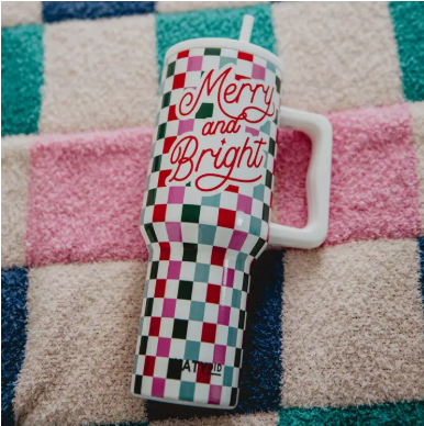 Merry and Bright Christmas Drink Tumbler checkered