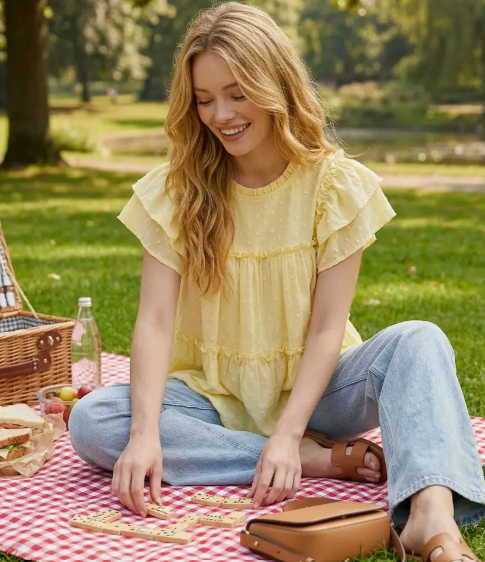Yellow Swiss Dot Tiered Top