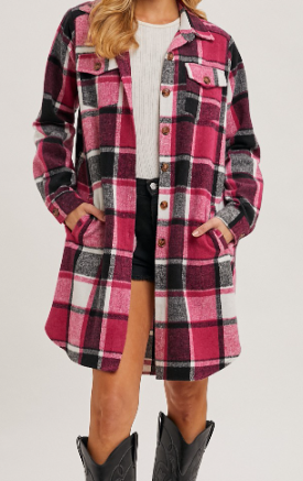 Pink and black longline plaid shacket