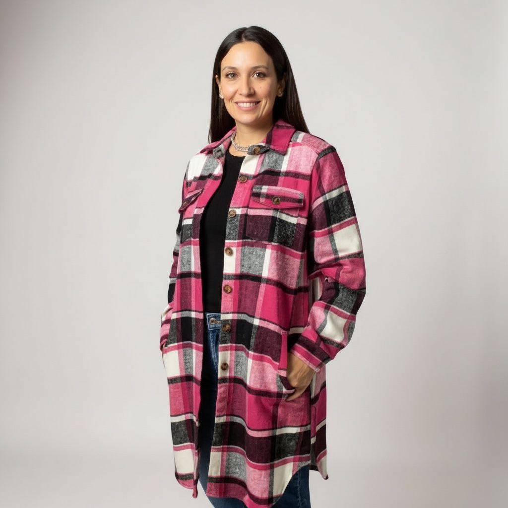 Pink black and white long line flannel