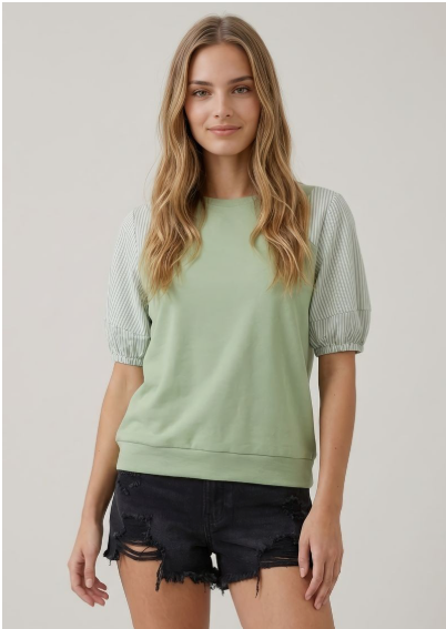 Puff Sleeve Mixed Top in dusty mint