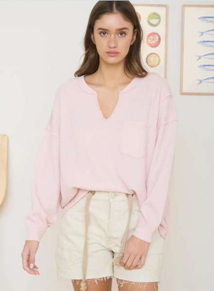 Raw Edge Ribbed Knit Split Neck Top for women