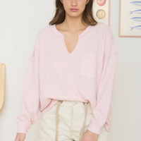 Raw Edge Ribbed Knit Split Neck Top for women