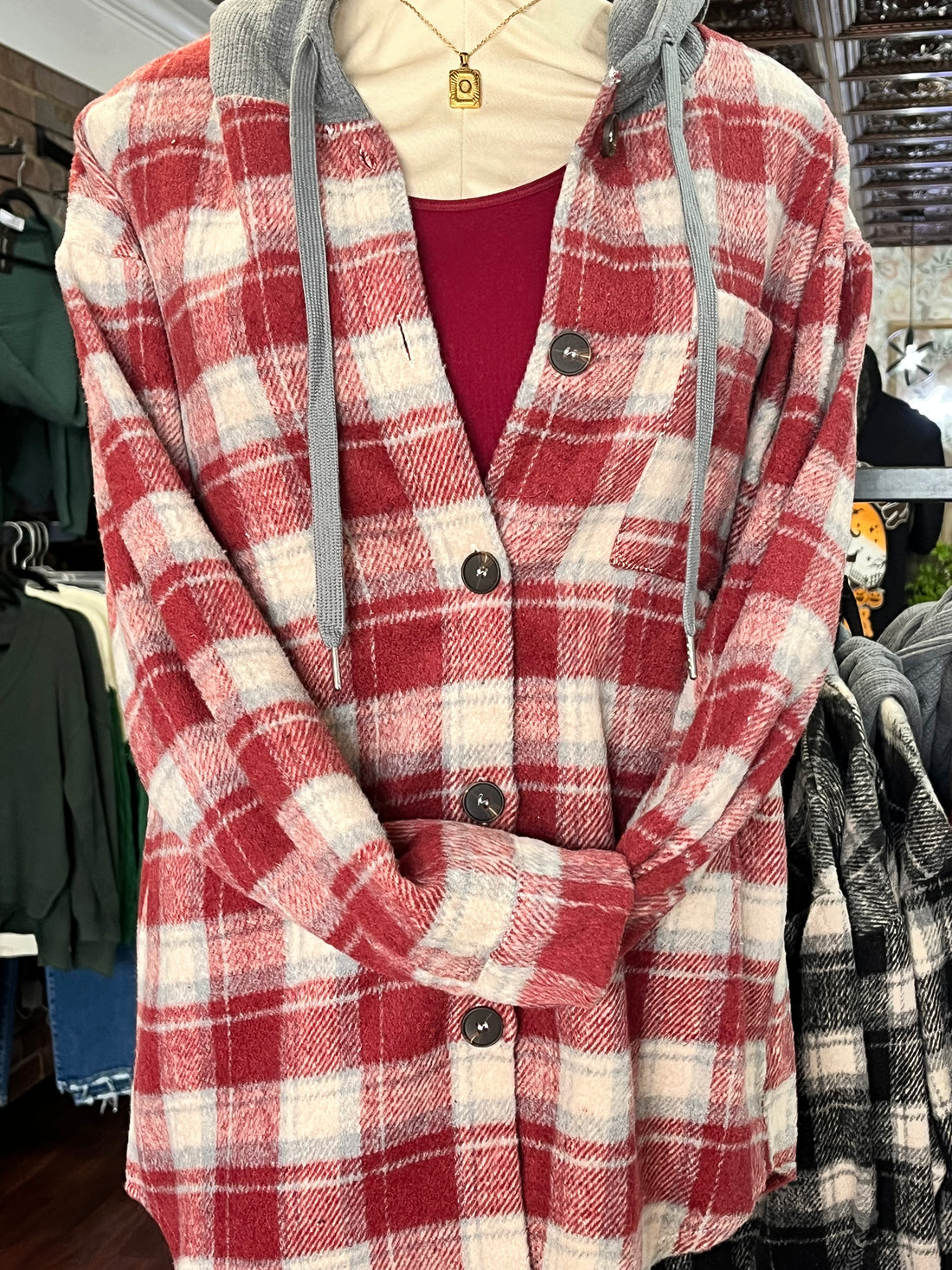 Womens Red plaid flannel with hood