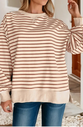 Women's detailed long sleeve top in Khaki and cream stripes. 