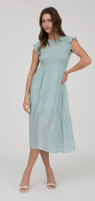 Smocked Tiered Midi Dress in sage