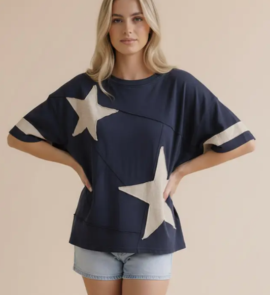 Oversized Star Knit Tee in navy and white