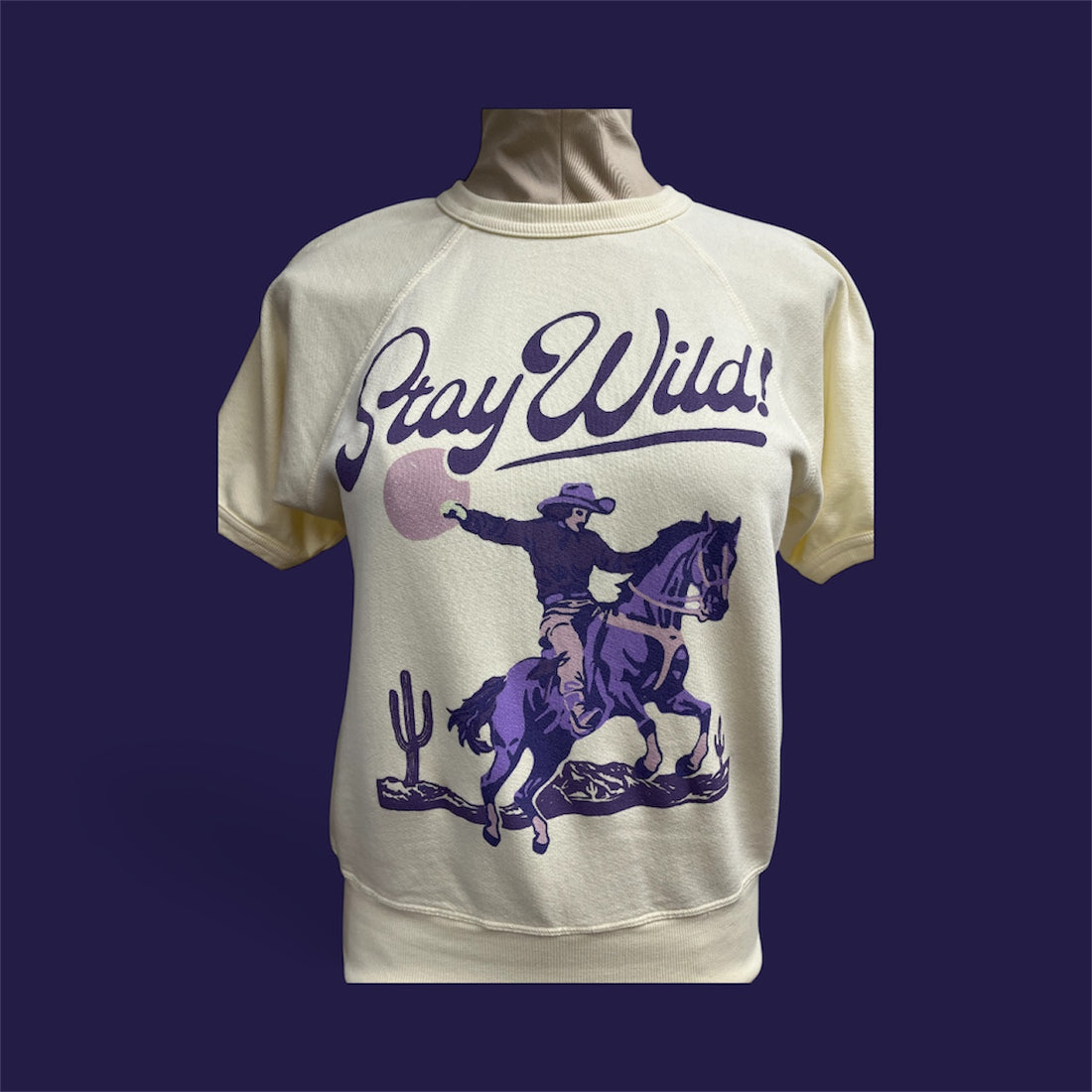 Stay Wild Raglan shirt. Purple horse and lettering. People of Leisure